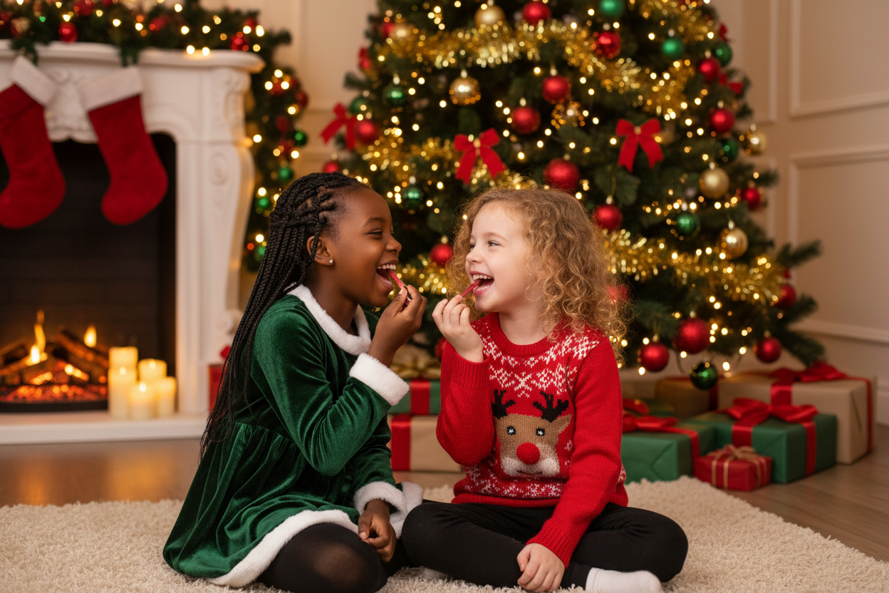 African American girl and Caucasian girl putting on lipgloss Christmas 