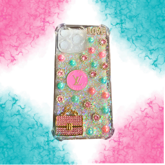 Aqua Blue and Light Pink Pearl with Glitter Junk phone case